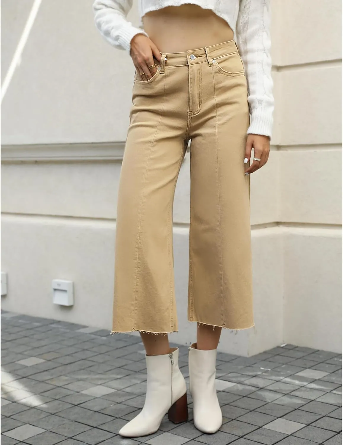 GRAPENT Jean Capris for Women Wide Leg Jeans High Waisted Seamed Front Raw Hem Denim Capri Pants Stretchy