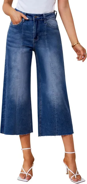 GRAPENT Jean Capris for Women Wide Leg Jeans High Waisted Seamed Front Raw Hem Denim Capri Pants Stretchy