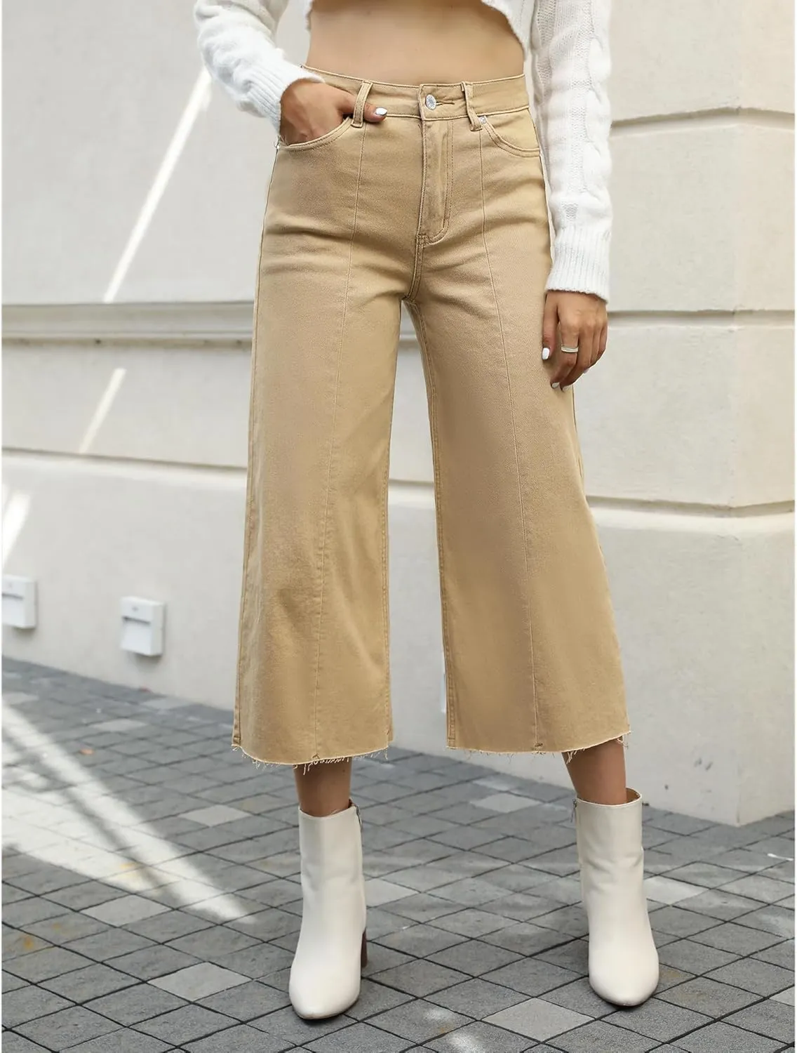 GRAPENT Jean Capris for Women Wide Leg Jeans High Waisted Seamed Front Raw Hem Denim Capri Pants Stretchy