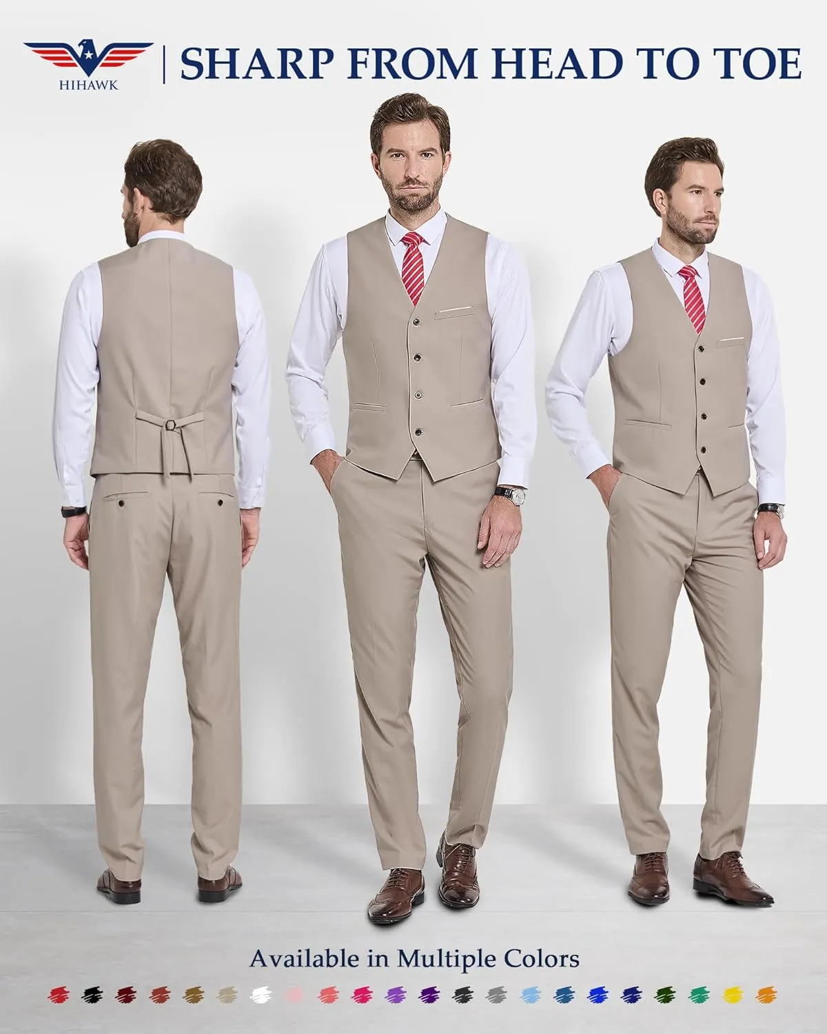 Hihawk Men's 2-Piece Suit, Vest Pants Set for Men, Fashion Waistcoat with Tie for Wedding, Prom, Homecoming, Business