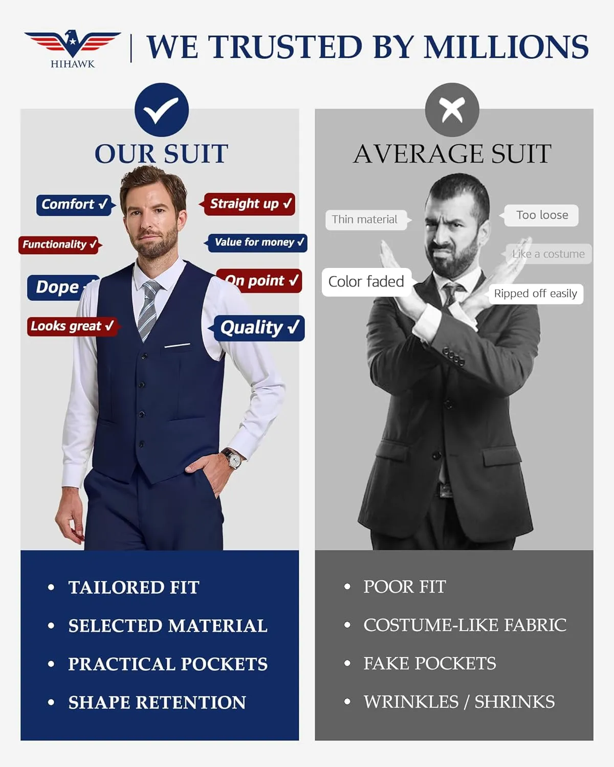 Hihawk Men's 2-Piece Suit, Vest Pants Set for Men, Fashion Waistcoat with Tie for Wedding, Prom, Homecoming, Business