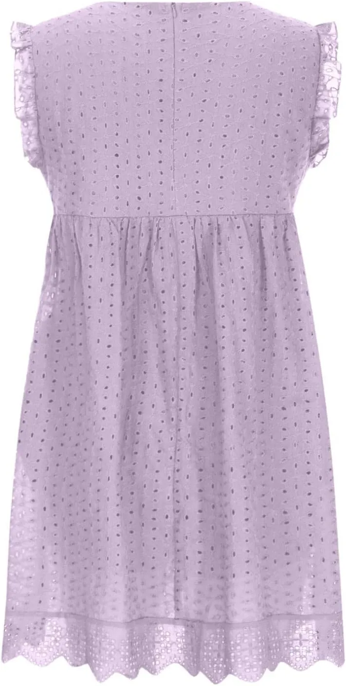 hlysgo Holiday Dresses for Women 2025 Summer Sleeveless V Neck Mini Sundress Casual Loose Ruffled Beach Dress with Pockets