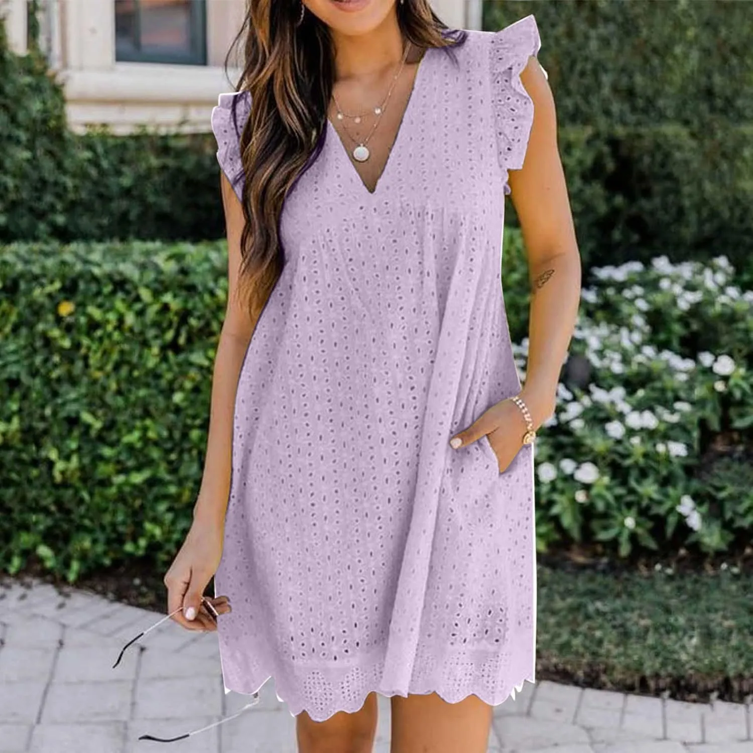 hlysgo Holiday Dresses for Women 2025 Summer Sleeveless V Neck Mini Sundress Casual Loose Ruffled Beach Dress with Pockets