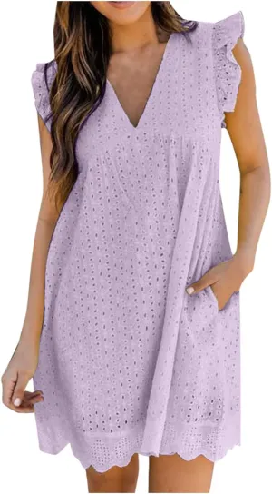 hlysgo Holiday Dresses for Women 2025 Summer Sleeveless V Neck Mini Sundress Casual Loose Ruffled Beach Dress with Pockets