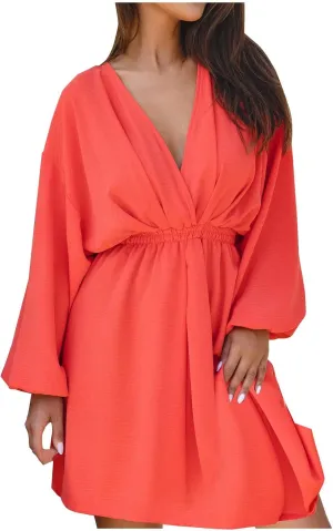 hlysgo Summer Dresses for Women 2025 Casual Loose Fit Lantren Long Sleeve V Neck Mini Dress A-Line Swing Short Beach Dress
