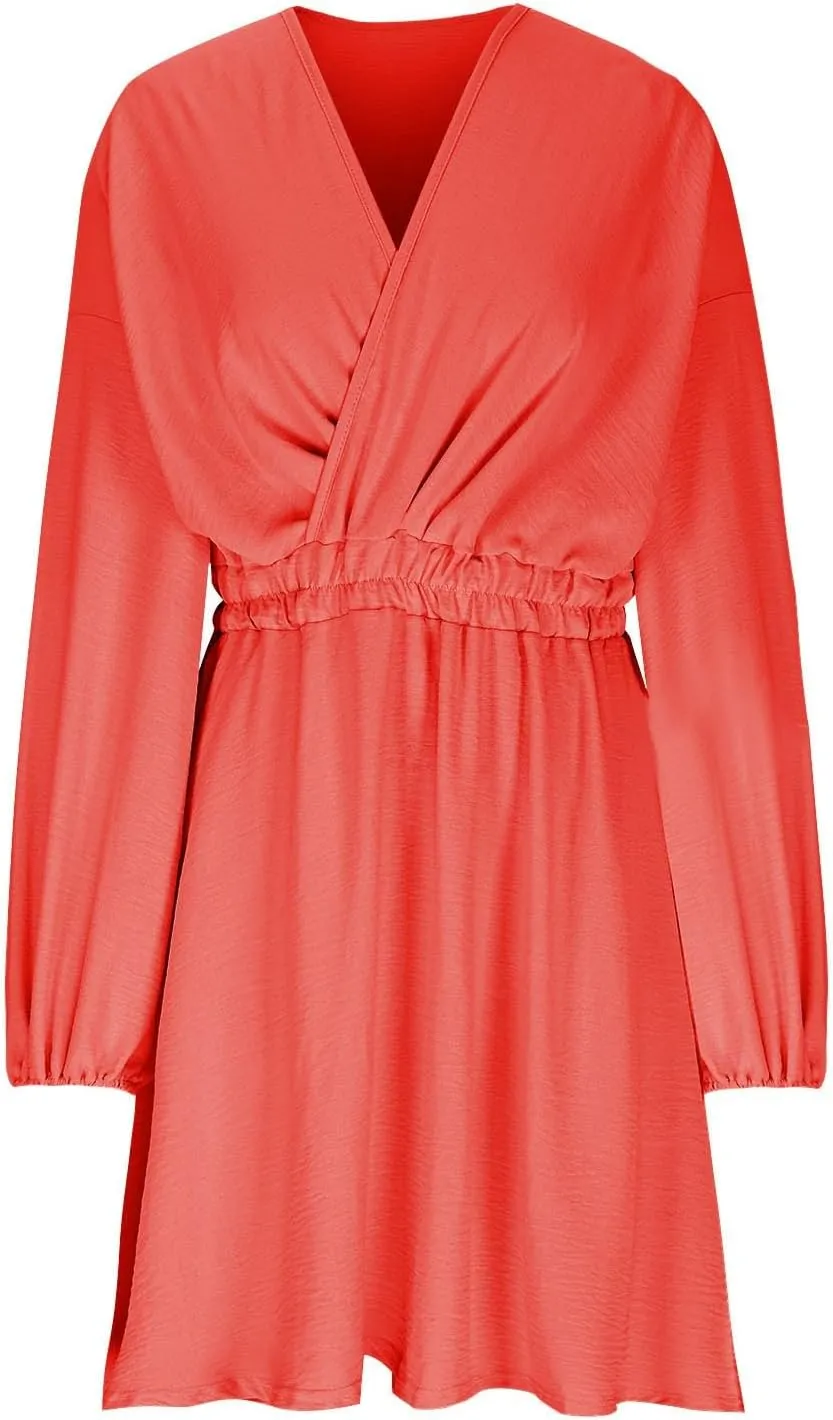 hlysgo Summer Dresses for Women 2025 Casual Loose Fit Lantren Long Sleeve V Neck Mini Dress A-Line Swing Short Beach Dress