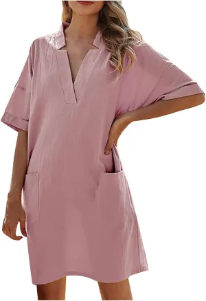 hlysgo Tshirt Dress for Women 2025 Vacation Short Sleeve V Neck Cotton Linen Dresses Summer Loose Comfy Casual Mini Dress