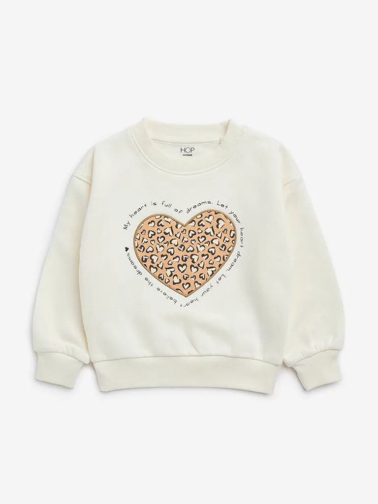 HOP Kids Off-White Heart Design Cotton-Blend Sweatshirt