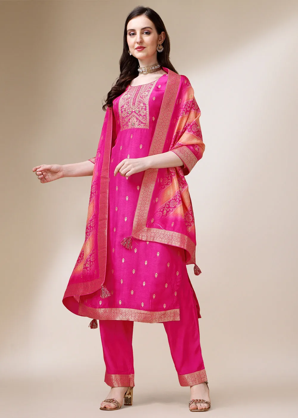 Hot Pink Dola Jacquard Silk Suit with Elegant Zari Work