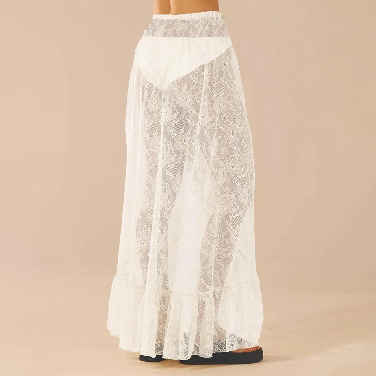 ICNGLKSND Women Lace Mesh Ruffle Midi Skirt High Low Asymmetrical See Through Cover Up Long Skirt Low Rise Slip Y2K Skirt