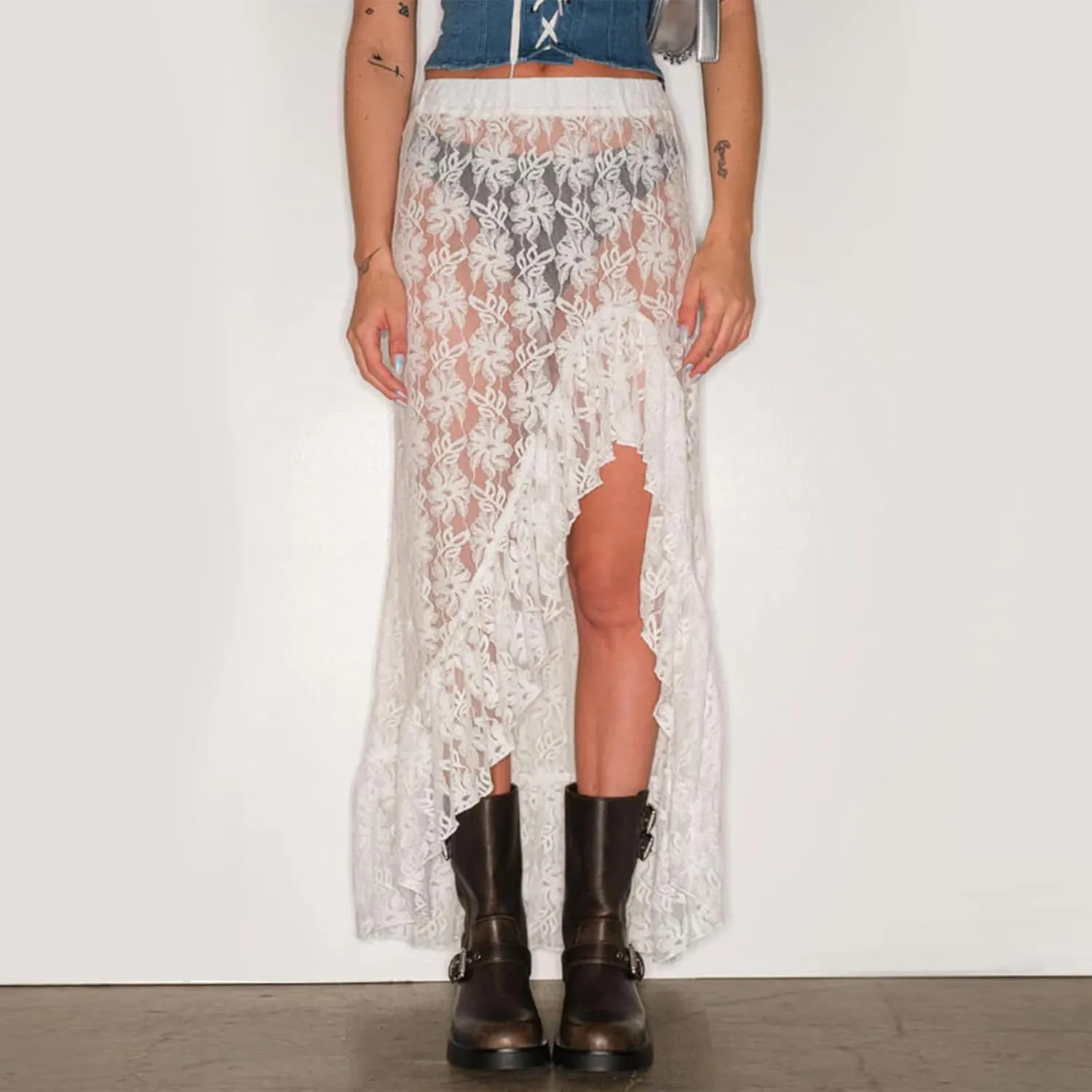 ICNGLKSND Women Lace Mesh Ruffle Midi Skirt High Low Asymmetrical See Through Cover Up Long Skirt Low Rise Slip Y2K Skirt