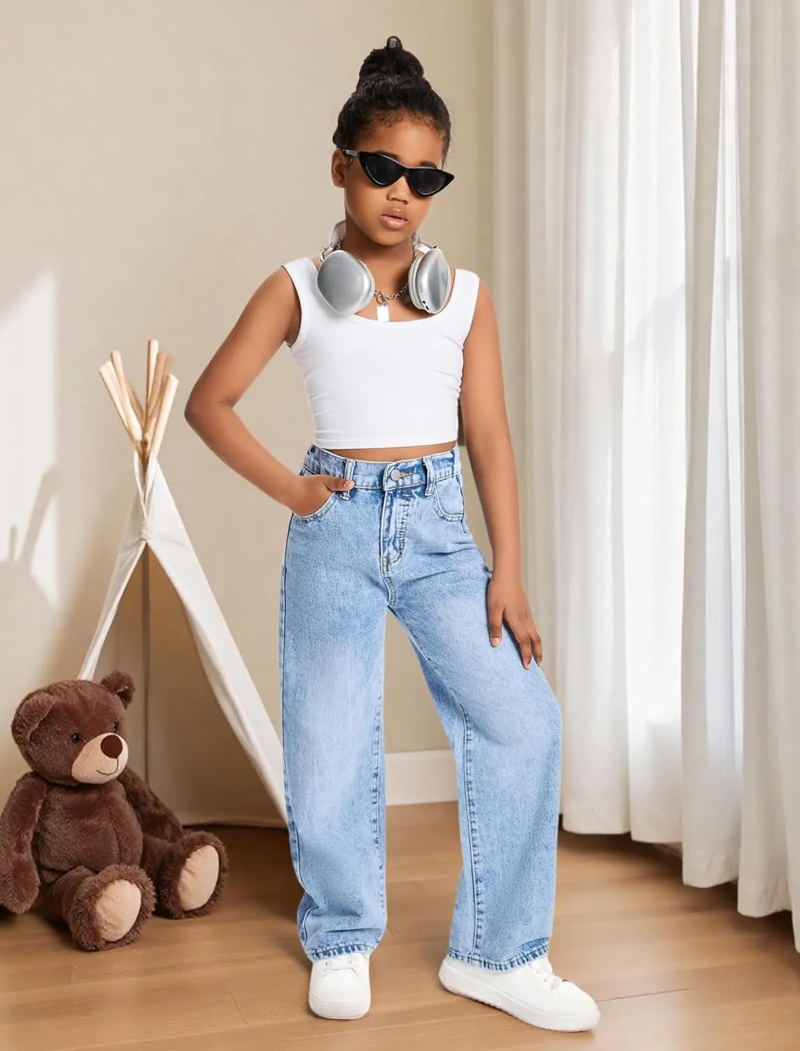 Jeans for Girls Baggy Wide Leg Cute Bow High Elastic Waisted Denim Pants Y2K Boyfriend Skater Streetwear 7-14Y