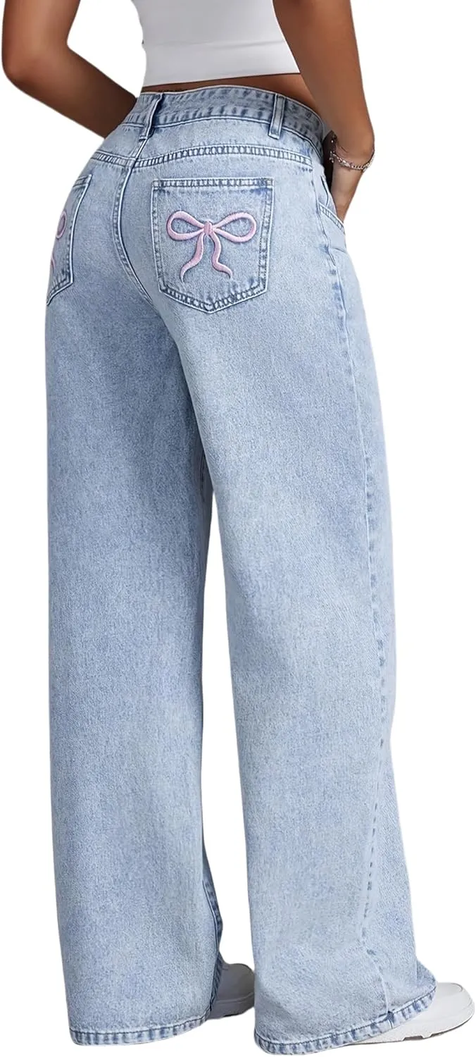 Jeans for Girls Baggy Wide Leg Cute Bow High Elastic Waisted Denim Pants Y2K Boyfriend Skater Streetwear 7-14Y