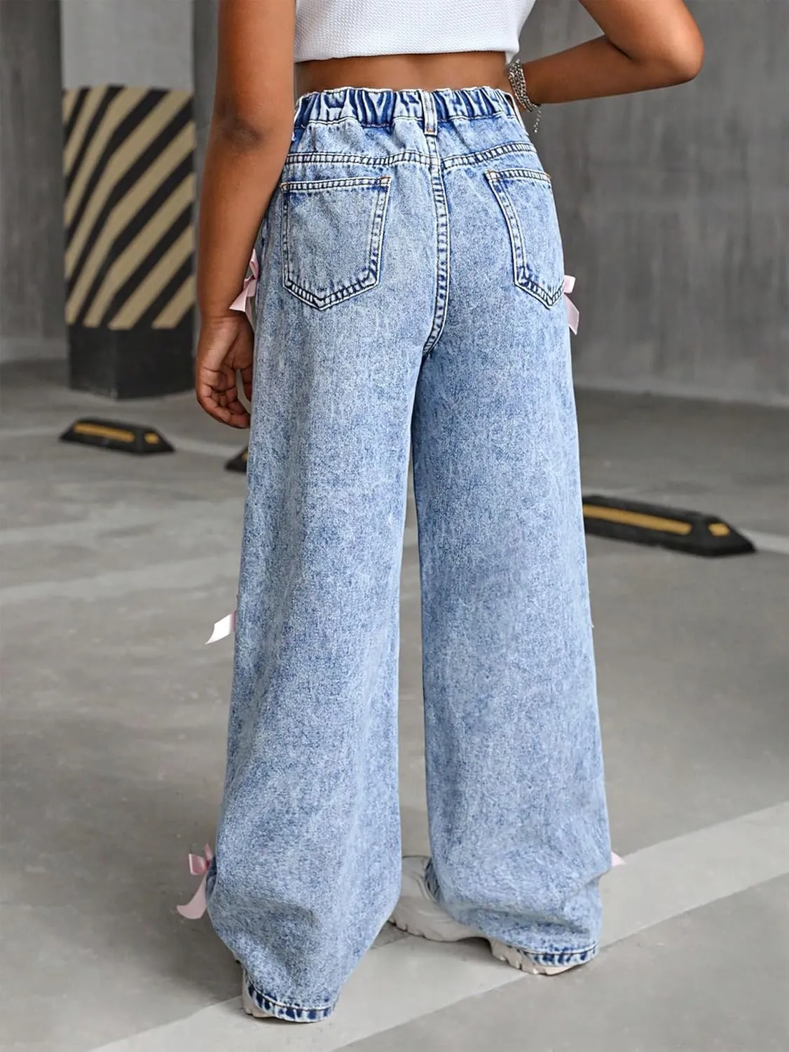Jeans for Girls Baggy Wide Leg Cute Bow High Elastic Waisted Denim Pants Y2K Boyfriend Skater Streetwear 7-14Y