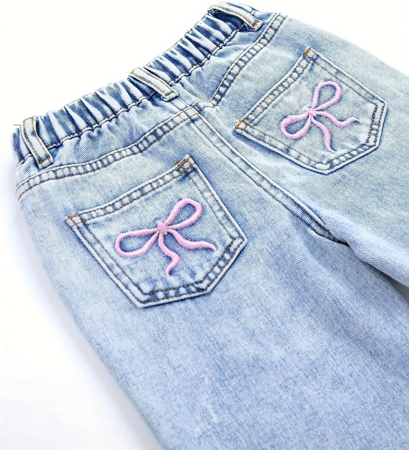 Jeans for Girls Baggy Wide Leg Cute Bow High Elastic Waisted Denim Pants Y2K Boyfriend Skater Streetwear 7-14Y