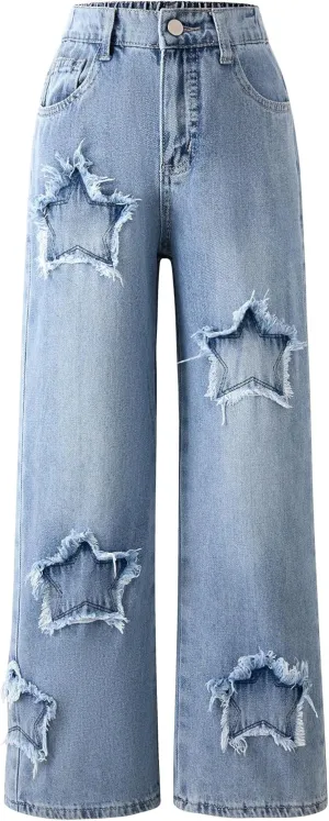 Jeans for Girls Baggy Wide Leg Cute Bow High Elastic Waisted Denim Pants Y2K Boyfriend Skater Streetwear 7-14Y