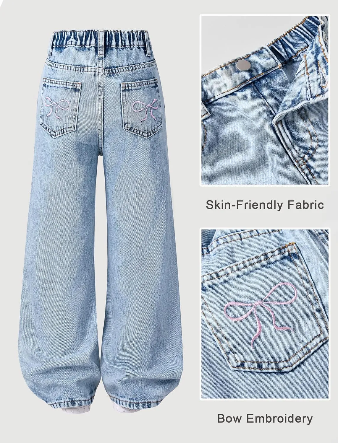 Jeans for Girls Baggy Wide Leg Cute Bow High Elastic Waisted Denim Pants Y2K Boyfriend Skater Streetwear 7-14Y