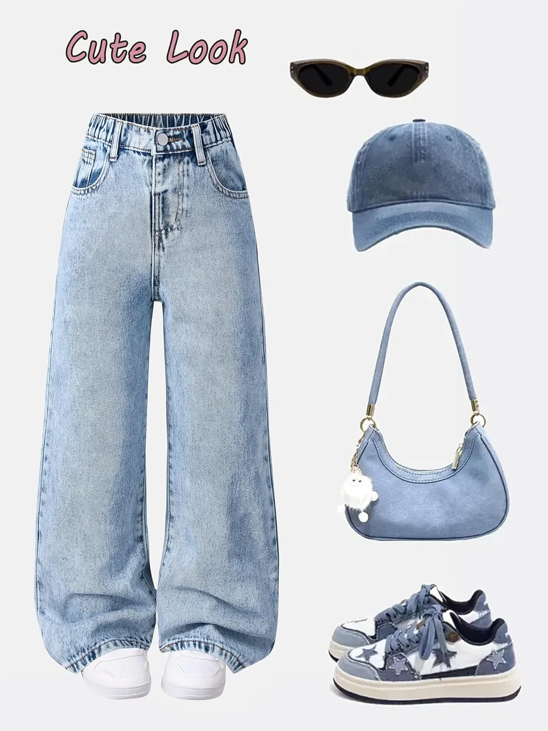Jeans for Girls Baggy Wide Leg Cute Bow High Elastic Waisted Denim Pants Y2K Boyfriend Skater Streetwear 7-14Y