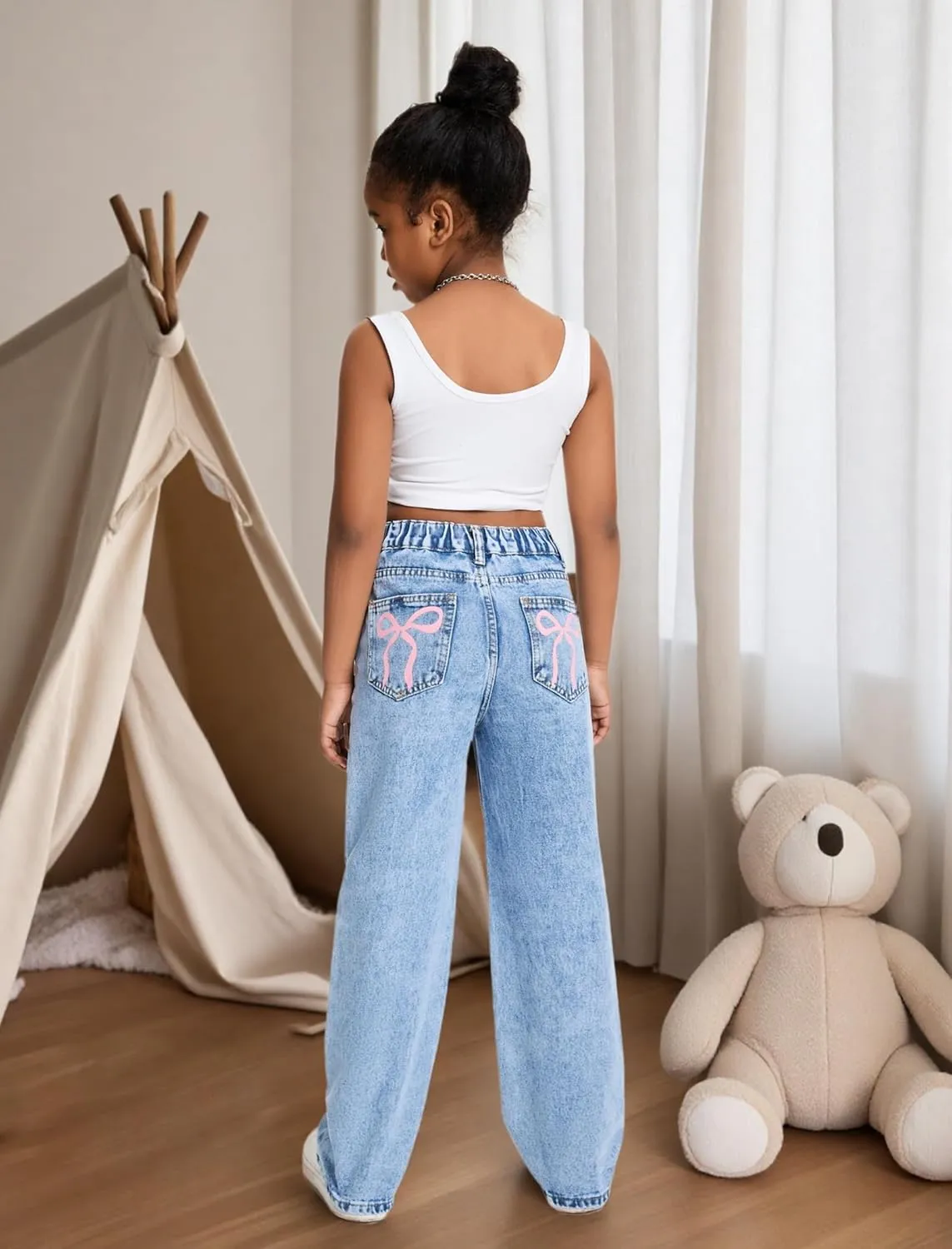 Jeans for Girls Baggy Wide Leg Cute Bow High Elastic Waisted Denim Pants Y2K Boyfriend Skater Streetwear 7-14Y