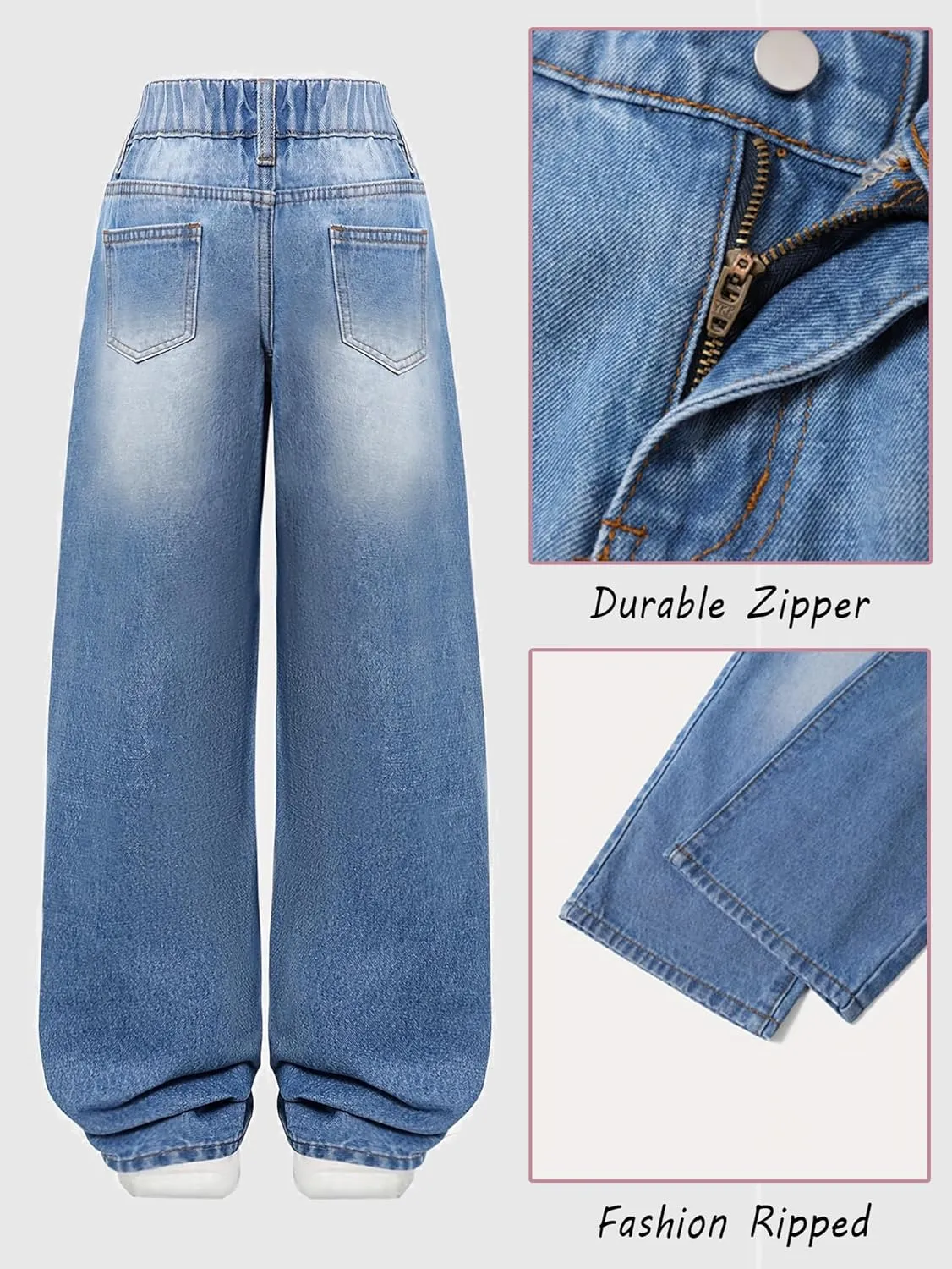 Jeans for Girls Baggy Wide Leg Cute Bow High Elastic Waisted Denim Pants Y2K Boyfriend Skater Streetwear 7-14Y