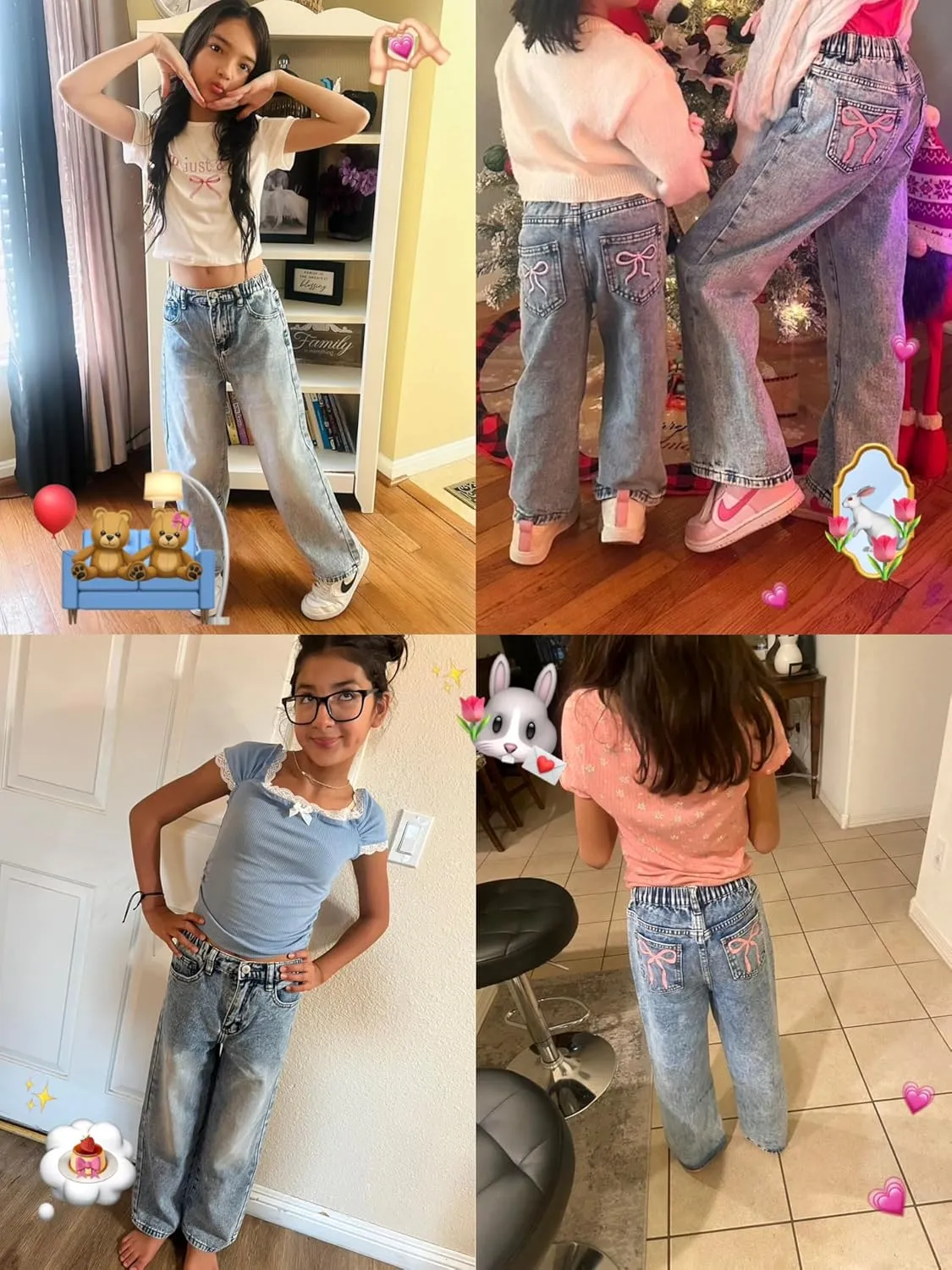Jeans for Girls Baggy Wide Leg Cute Bow High Elastic Waisted Denim Pants Y2K Boyfriend Skater Streetwear 7-14Y