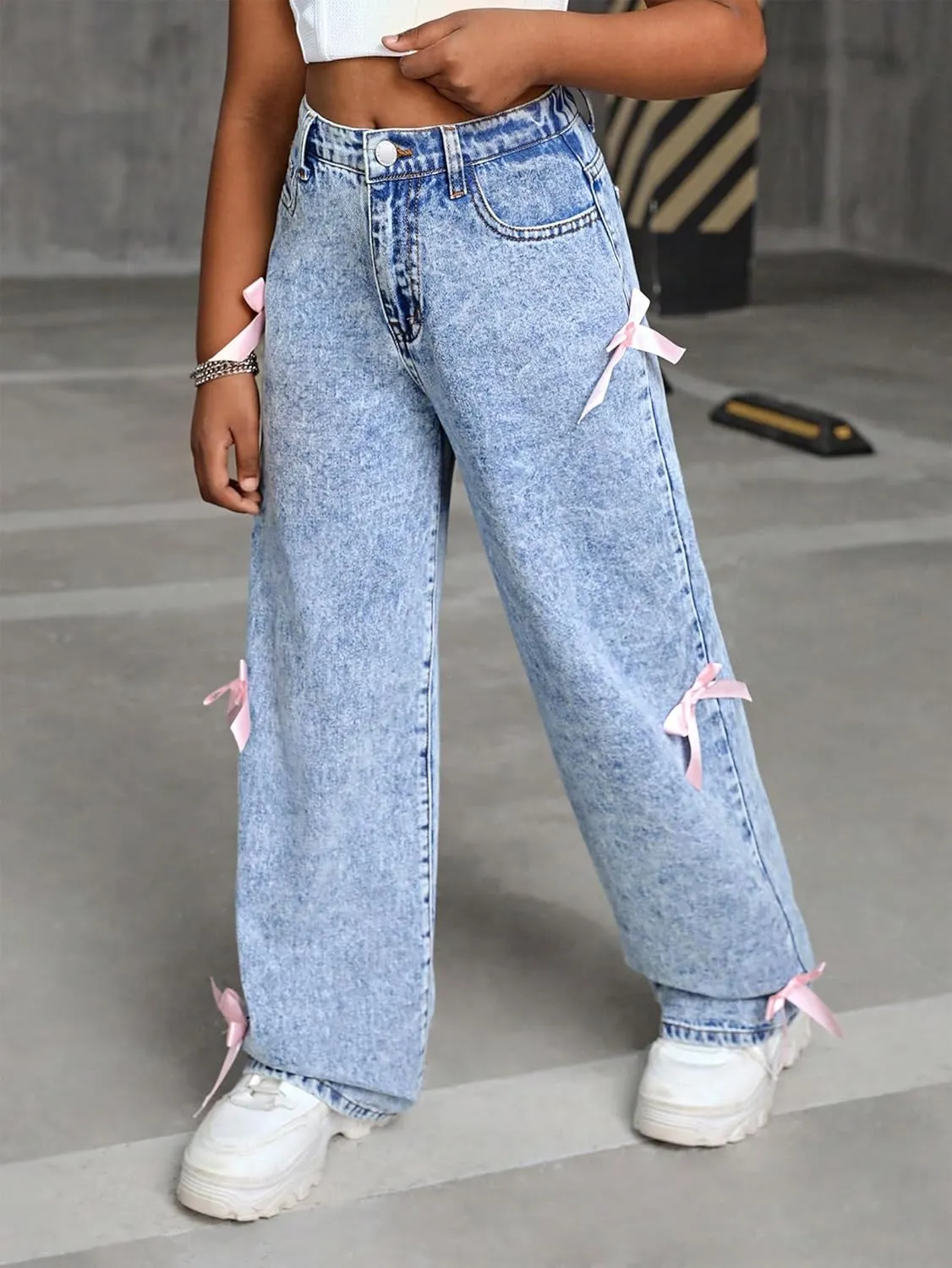Jeans for Girls Baggy Wide Leg Cute Bow High Elastic Waisted Denim Pants Y2K Boyfriend Skater Streetwear 7-14Y