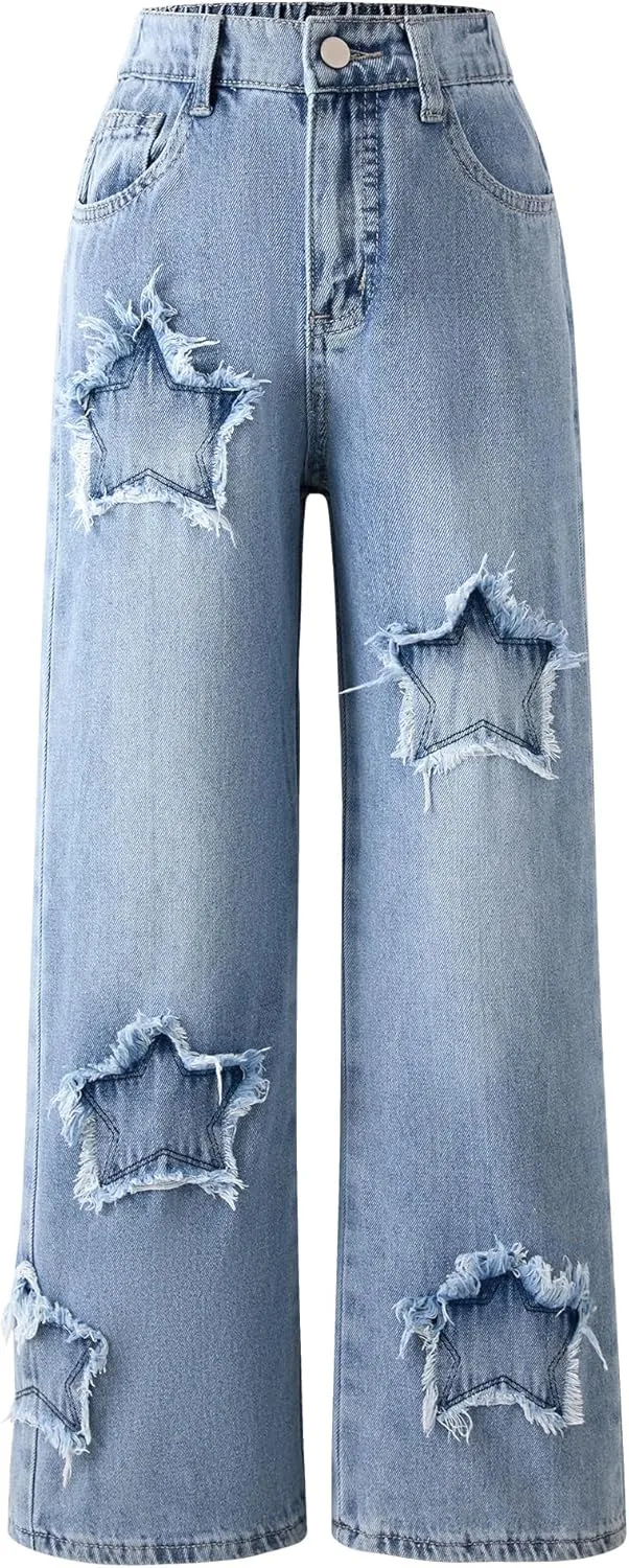 Jeans for Girls Baggy Wide Leg Cute Bow High Elastic Waisted Denim Pants Y2K Boyfriend Skater Streetwear 7-14Y