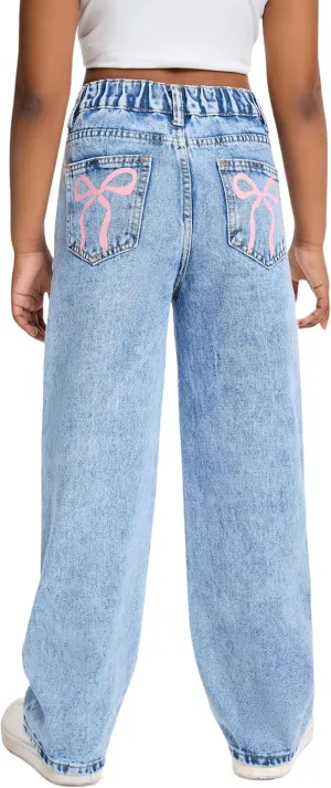 Jeans for Girls Baggy Wide Leg Cute Bow High Elastic Waisted Denim Pants Y2K Boyfriend Skater Streetwear 7-14Y