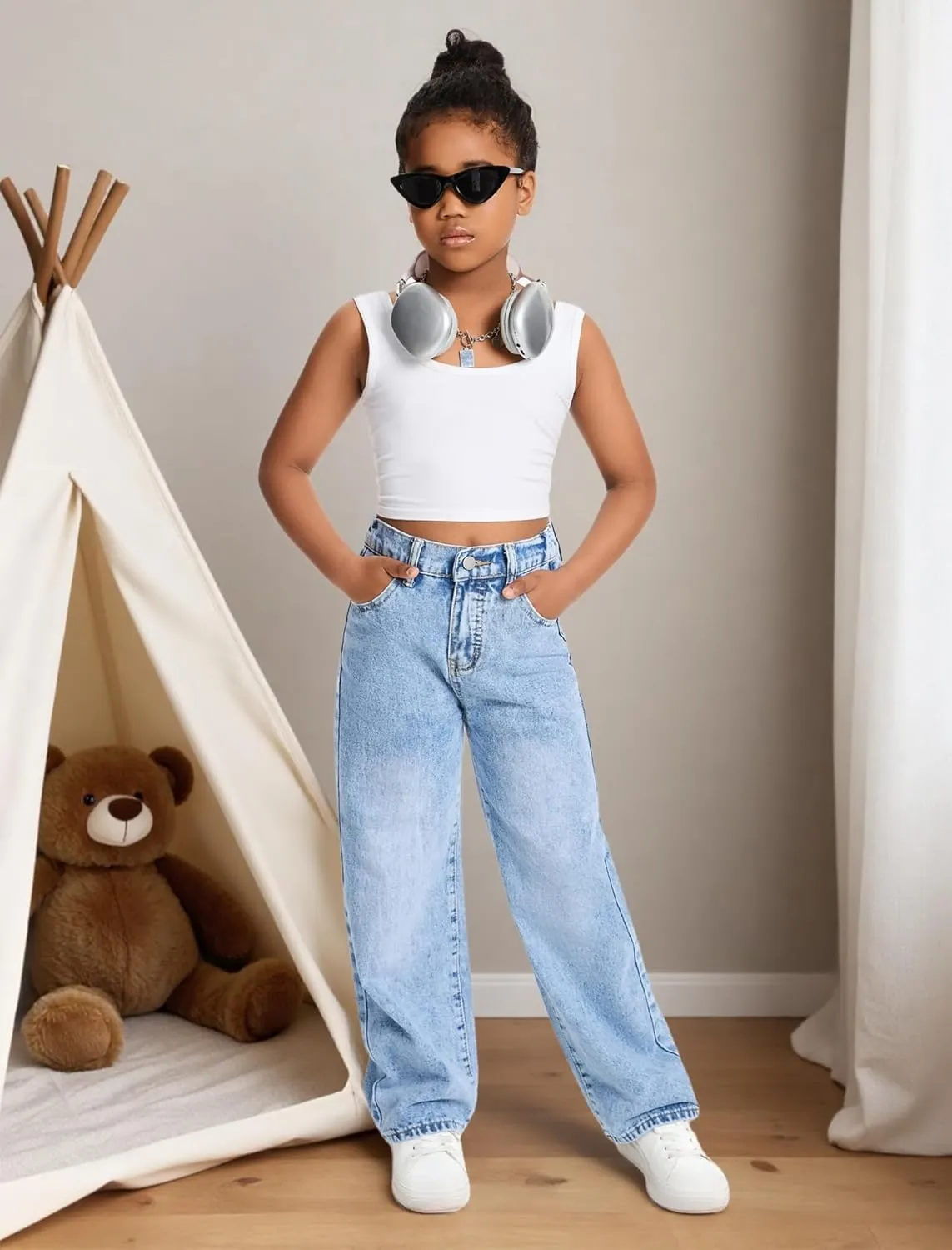 Jeans for Girls Baggy Wide Leg Cute Bow High Elastic Waisted Denim Pants Y2K Boyfriend Skater Streetwear 7-14Y