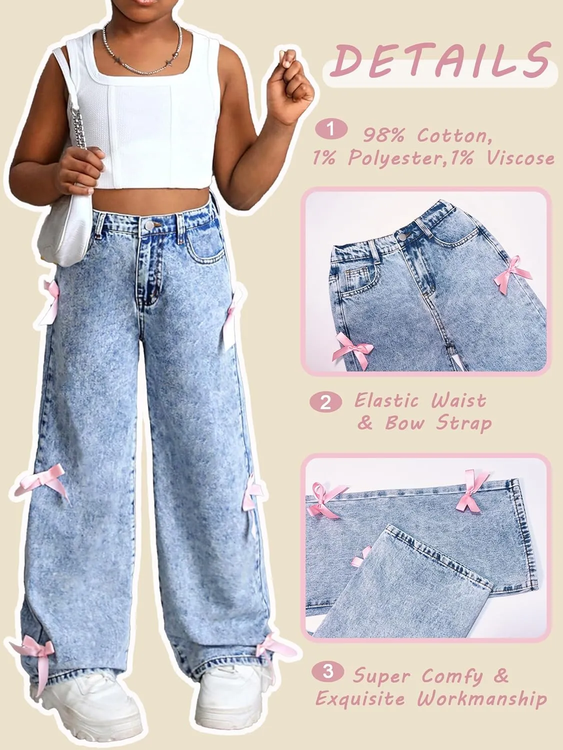 Jeans for Girls Baggy Wide Leg Cute Bow High Elastic Waisted Denim Pants Y2K Boyfriend Skater Streetwear 7-14Y