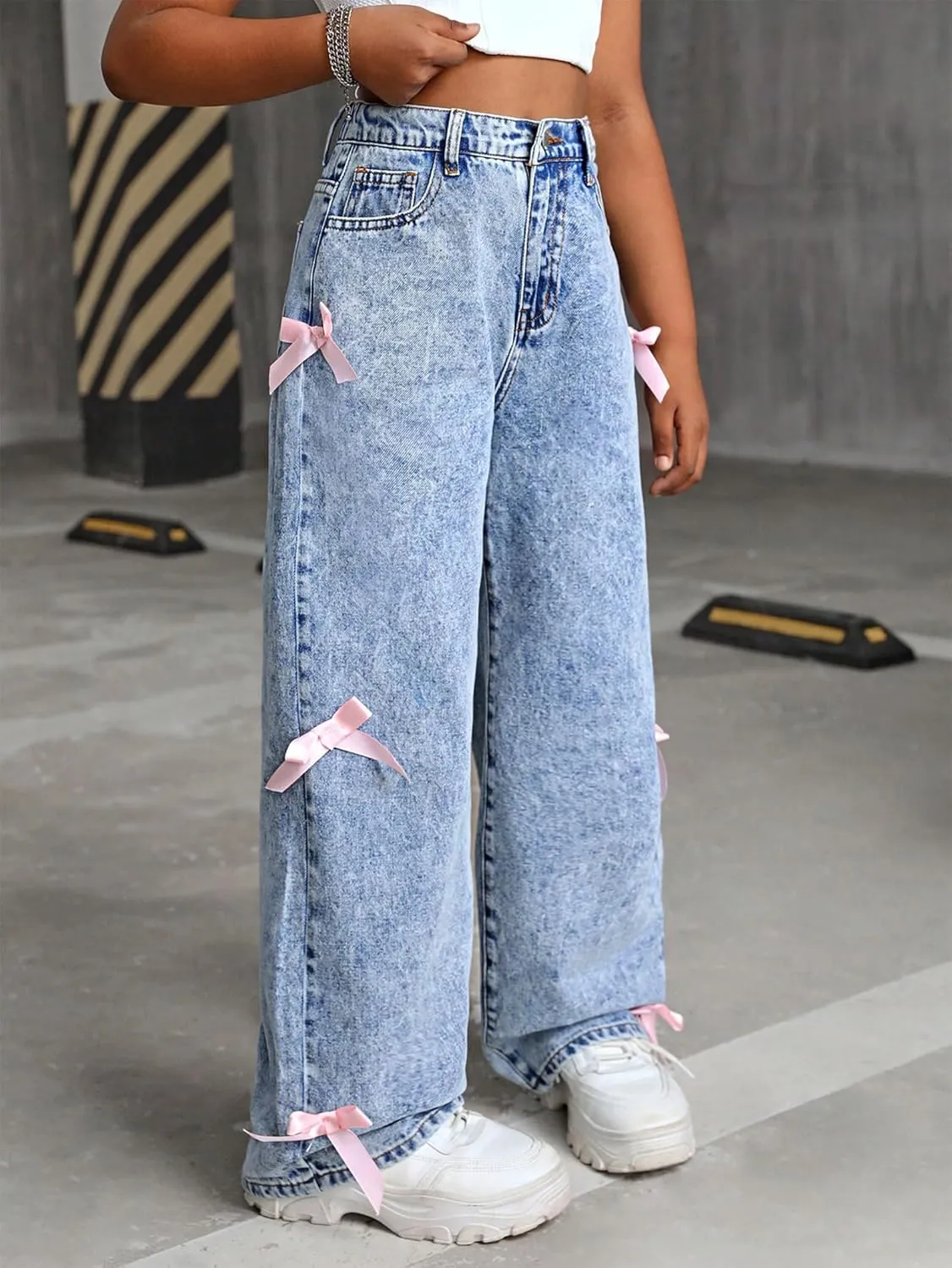 Jeans for Girls Baggy Wide Leg Cute Bow High Elastic Waisted Denim Pants Y2K Boyfriend Skater Streetwear 7-14Y
