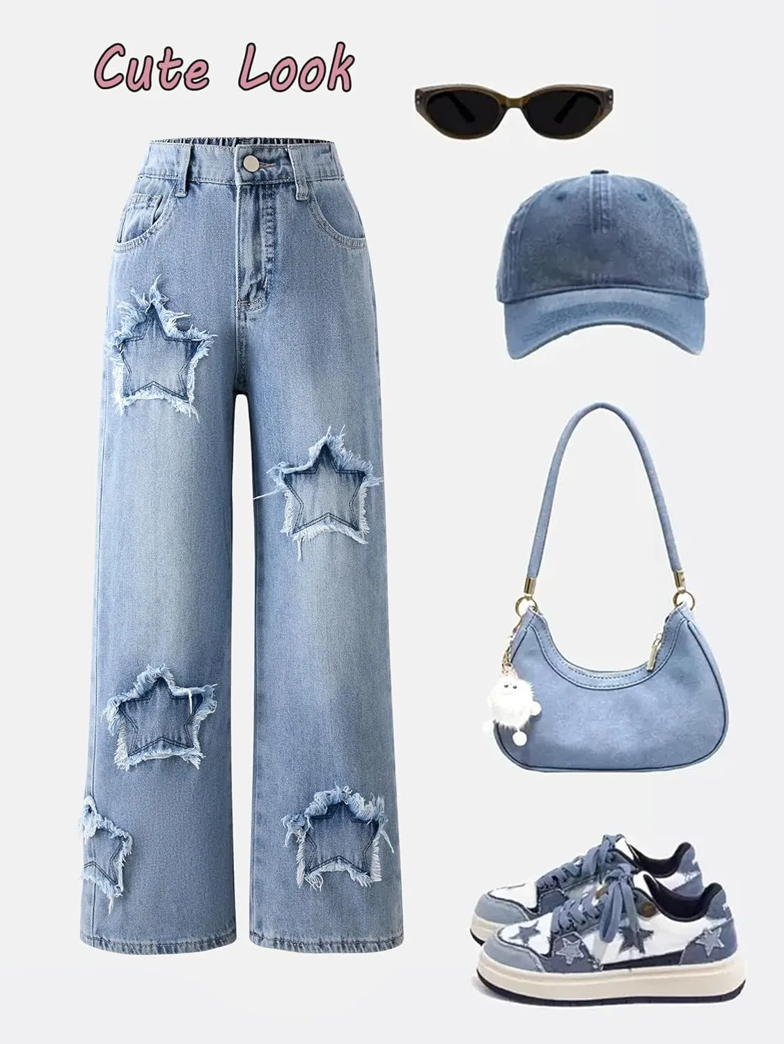 Jeans for Girls Baggy Wide Leg Cute Bow High Elastic Waisted Denim Pants Y2K Boyfriend Skater Streetwear 7-14Y