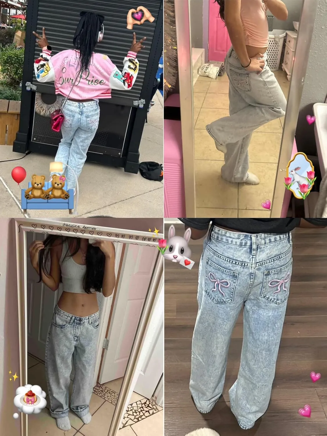 Jeans for Girls Baggy Wide Leg Cute Bow High Elastic Waisted Denim Pants Y2K Boyfriend Skater Streetwear 7-14Y