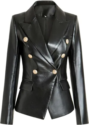 JEKE-DG Women's Blazer Collar Button Down Coat Vintage Faux Leather Coat Jacket Slim Fit Solid Outdoor Outerwear