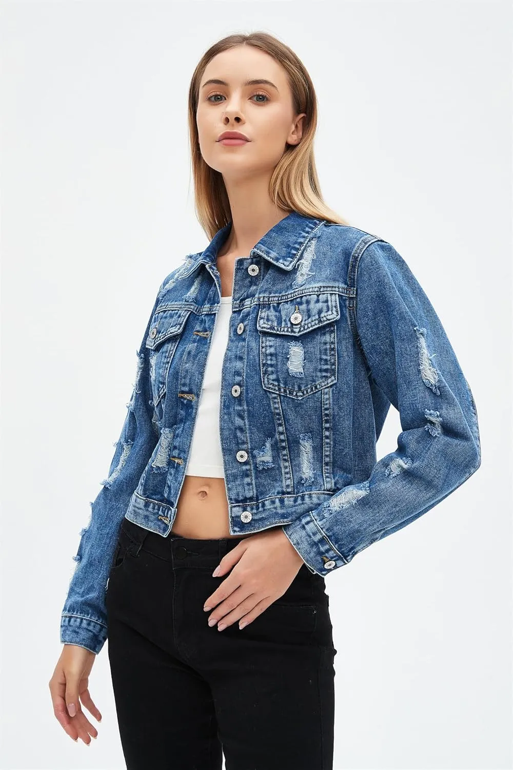 LifeShe Distressed Jean Jacket Women Cropped Button Down Washed Boyfriend Denim Jacket Crop Ripped Coat