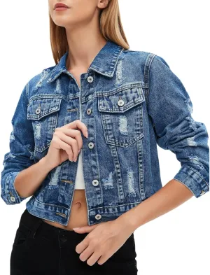 LifeShe Distressed Jean Jacket Women Cropped Button Down Washed Boyfriend Denim Jacket Crop Ripped Coat