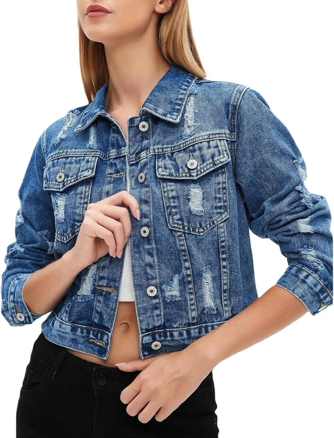 LifeShe Distressed Jean Jacket Women Cropped Button Down Washed Boyfriend Denim Jacket Crop Ripped Coat
