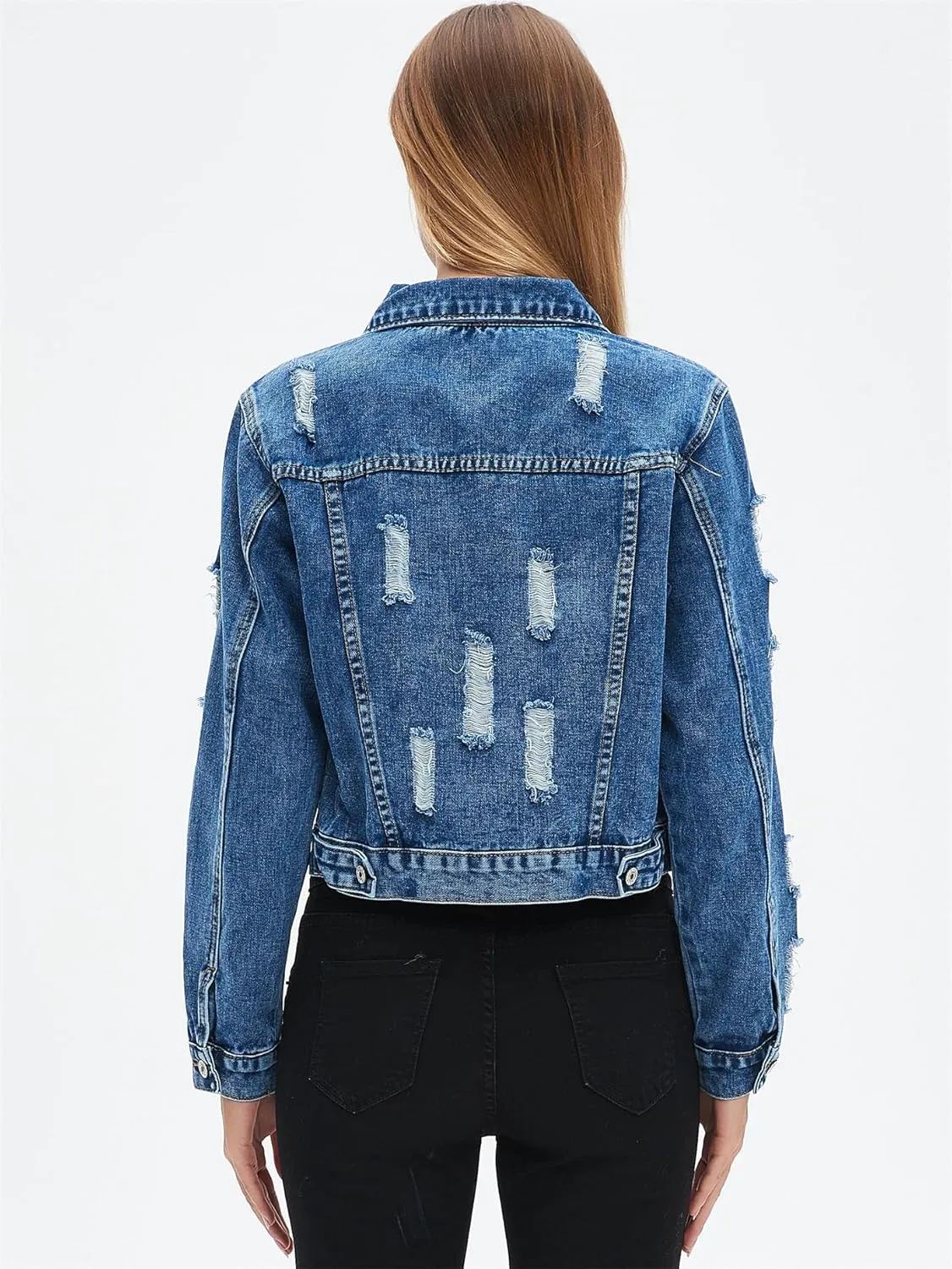 LifeShe Distressed Jean Jacket Women Cropped Button Down Washed Boyfriend Denim Jacket Crop Ripped Coat