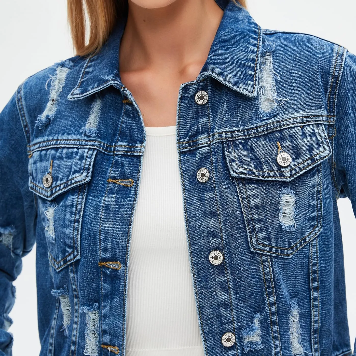 LifeShe Distressed Jean Jacket Women Cropped Button Down Washed Boyfriend Denim Jacket Crop Ripped Coat
