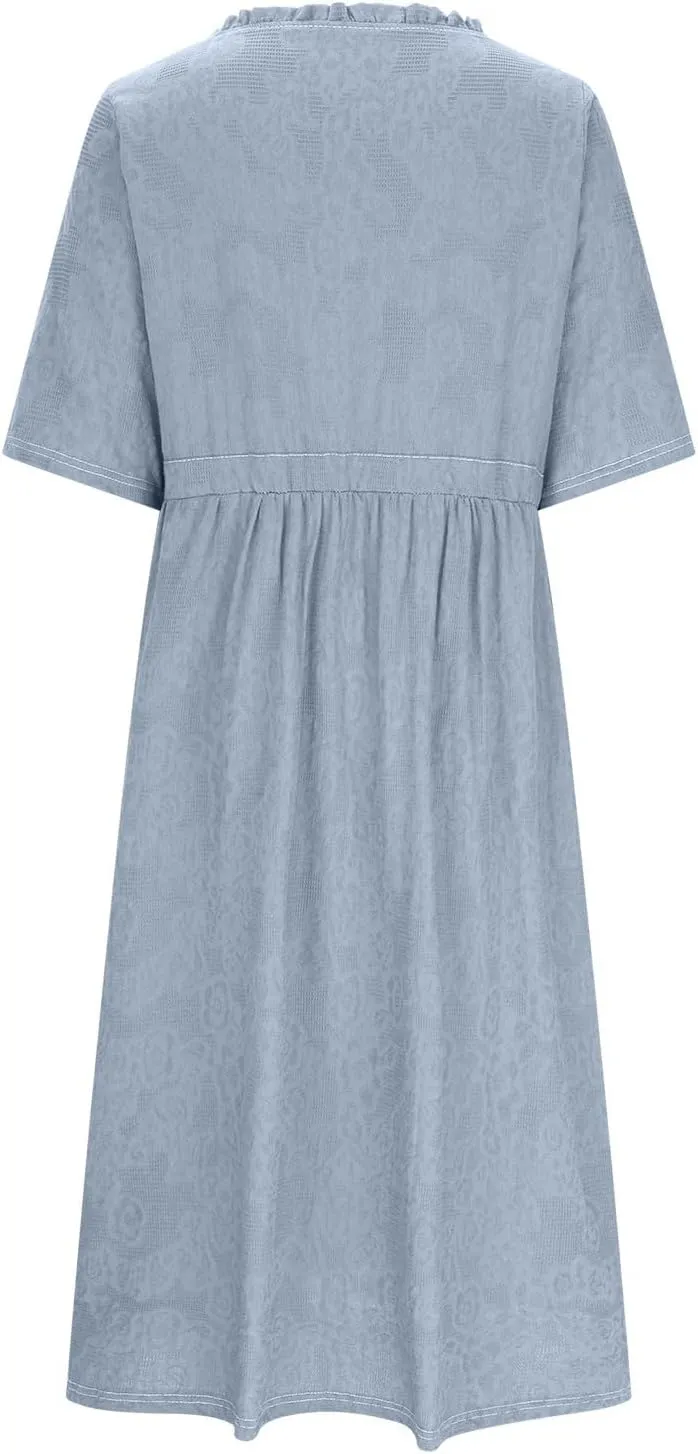 Linen Dresses for Women 2025 Summer Long Maxi Dress Short Sleeve Button Down Tshirt Sundresses Boho Beach Outfits