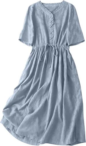 Linen Dresses for Women 2025 Summer Long Maxi Dress Short Sleeve Button Down Tshirt Sundresses Boho Beach Outfits