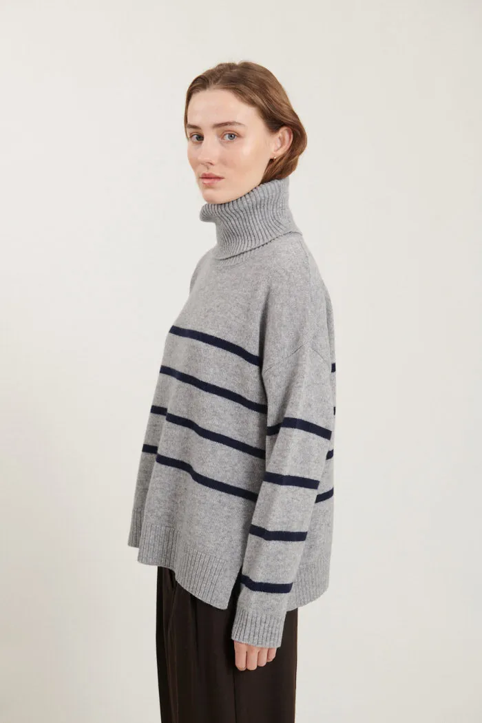 Lise Striped T-Neck - light grey mel. / sky captain