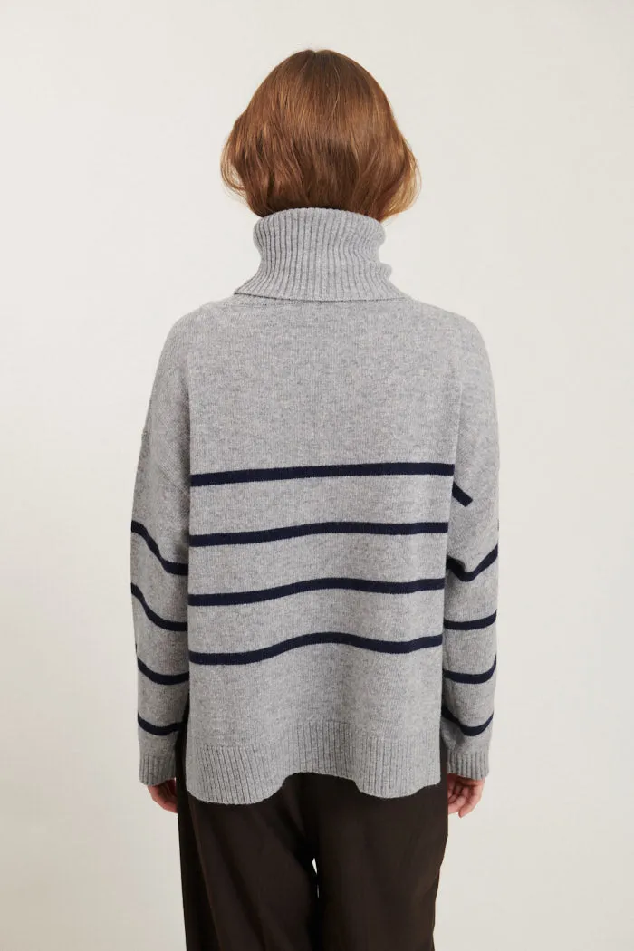 Lise Striped T-Neck - light grey mel. / sky captain