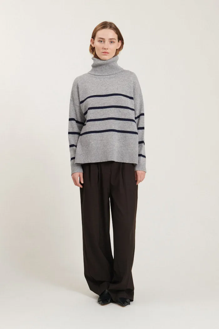 Lise Striped T-Neck - light grey mel. / sky captain
