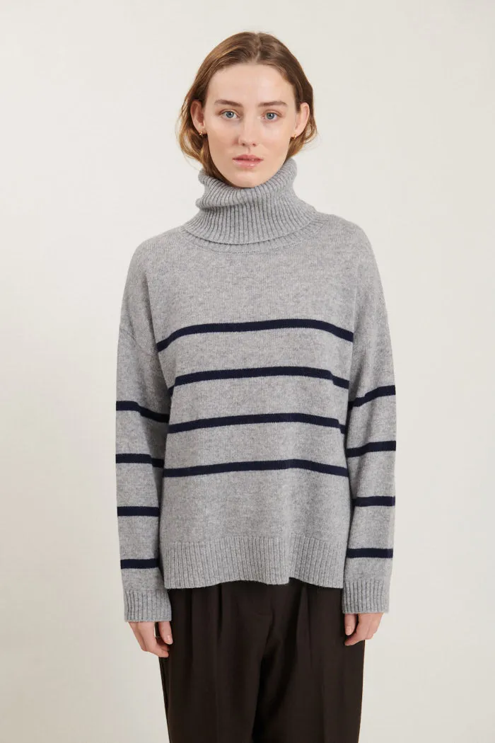 Lise Striped T-Neck - light grey mel. / sky captain