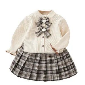 Little Surprise Box 2pcs Cream checks cardigan and Skirt Winterwear set for Girls with 2 matching Teddy Clips