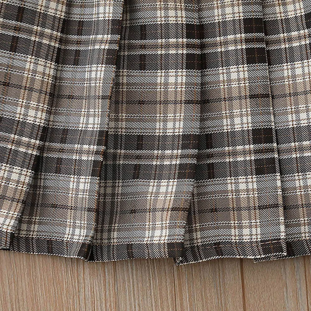 Little Surprise Box 2pcs Cream checks cardigan and Skirt Winterwear set for Girls with 2 matching Teddy Clips
