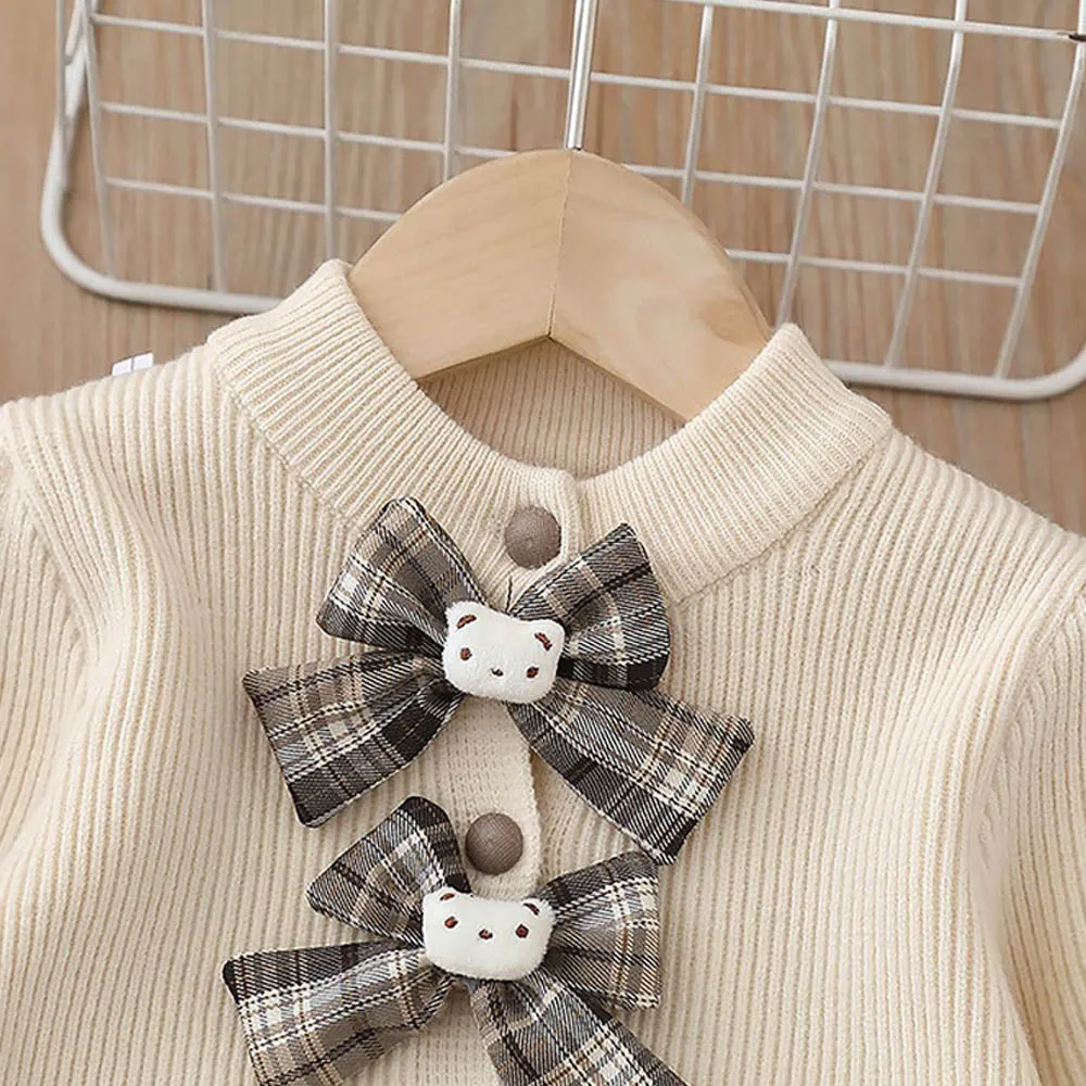 Little Surprise Box 2pcs Cream checks cardigan and Skirt Winterwear set for Girls with 2 matching Teddy Clips