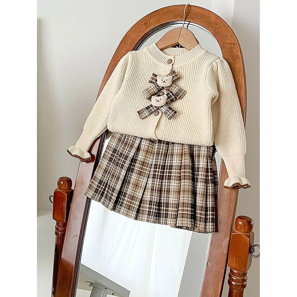 Little Surprise Box 2pcs Cream checks cardigan and Skirt Winterwear set for Girls with 2 matching Teddy Clips
