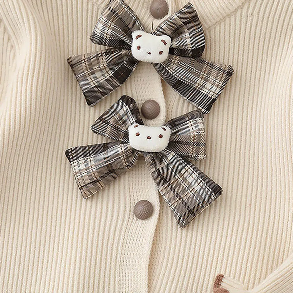Little Surprise Box 2pcs Cream checks cardigan and Skirt Winterwear set for Girls with 2 matching Teddy Clips